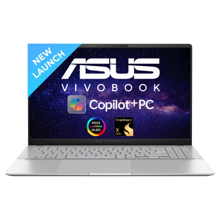 ASUS Vivobook S 15 OLED (2024) - AI Powered Copilot,, Qualcomm Snapdragon X Elite, 16GB RAM, 1TB SSD, Windows 11 Home, 15.6 Inch, Cool Silver, 1.42 Kg, with MS Office - S5507QAD-MA751WS