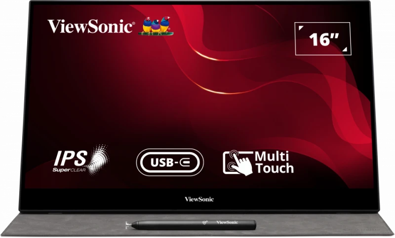 ViewSonic TD1655 16”(40.6cm) FHD IPS Touch Portable Monitor with USB-C 60W Charge Back, 940g, Metallic Design, Foldable Stand, Slip Cover, Eyecare Screen (PC, Laptop, Mobile), Speaker, 2X USB-C, HDMI
