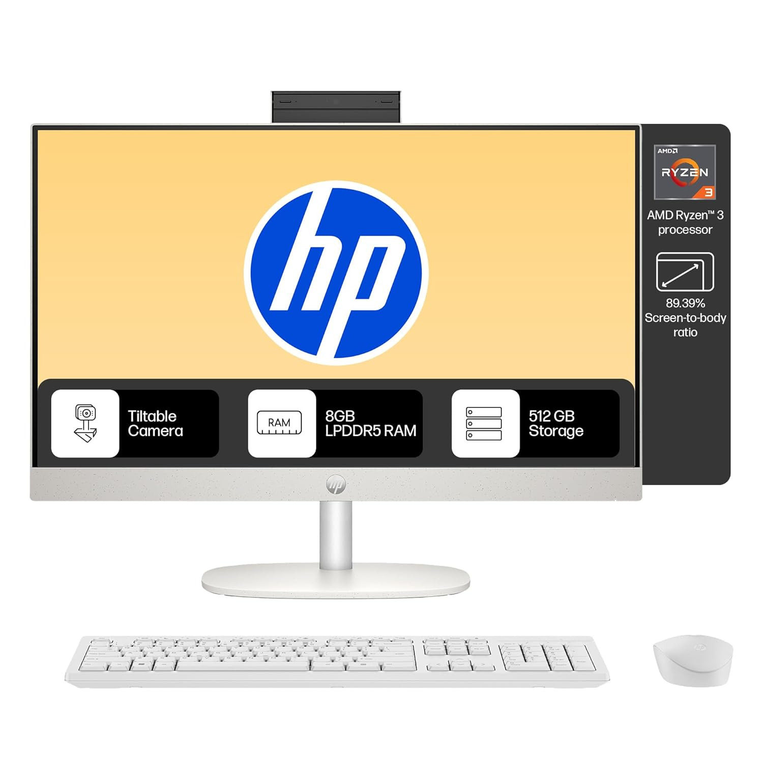 HP All-in-One 24, AMD Ryzen 3 7320U,8GB LPDDR5, 512GB SSD (Win11,Office24,White) Anti-Glare, FHD, 23.8inch(60.5 cm), 510SP White Wireless Keyboard and Mouse Combo,Radeon Graphics, 5.27kg,24-cr0014in
