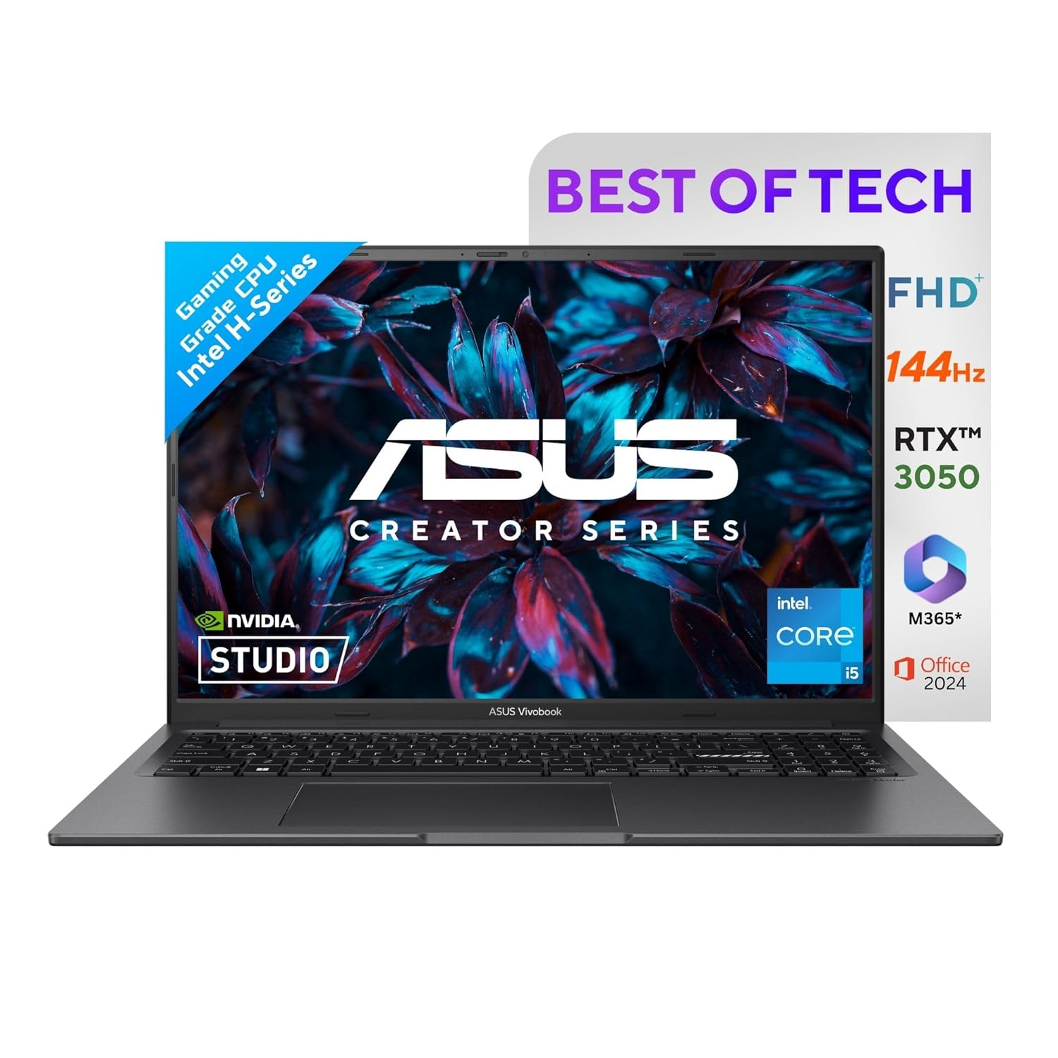 ASUS Vivobook 16X Laptop, 13th Gen Intel Core i5-13420H, NVIDIA RTX 3050 4GB, 16GB RAM, 512GB SSD, 16.0" FHD+ 144Hz Display, Windows 11, MS Office 2024, M365 Basic (1 Year), Indie Black, 1.67 kg, K3605VC-RP412WS