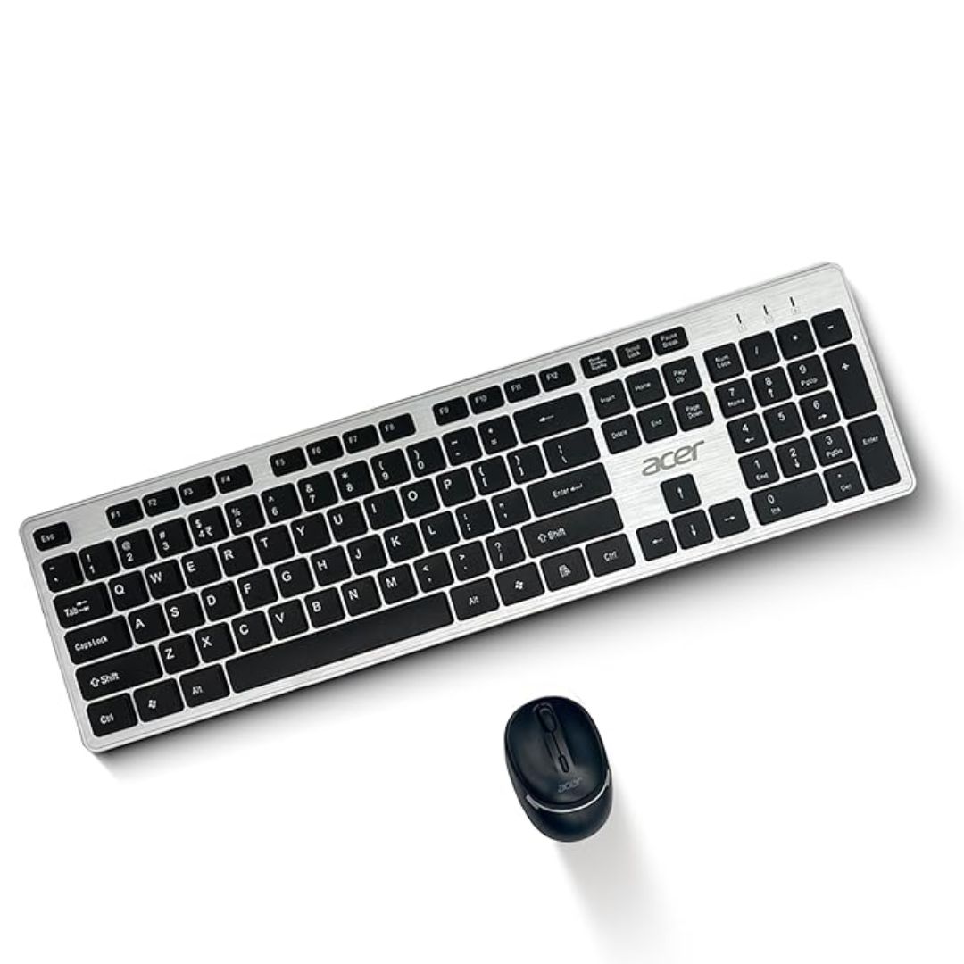 Acer Fusion Wireless Keyboard & Mouse Combo | Stylish Durable Design | 2.4GHz Nano Receiver | Adjustable DPI (800/1200/1600) | 10m Range | ₹ Rupee Key | Windows & Mac Compatible – Black & Silver