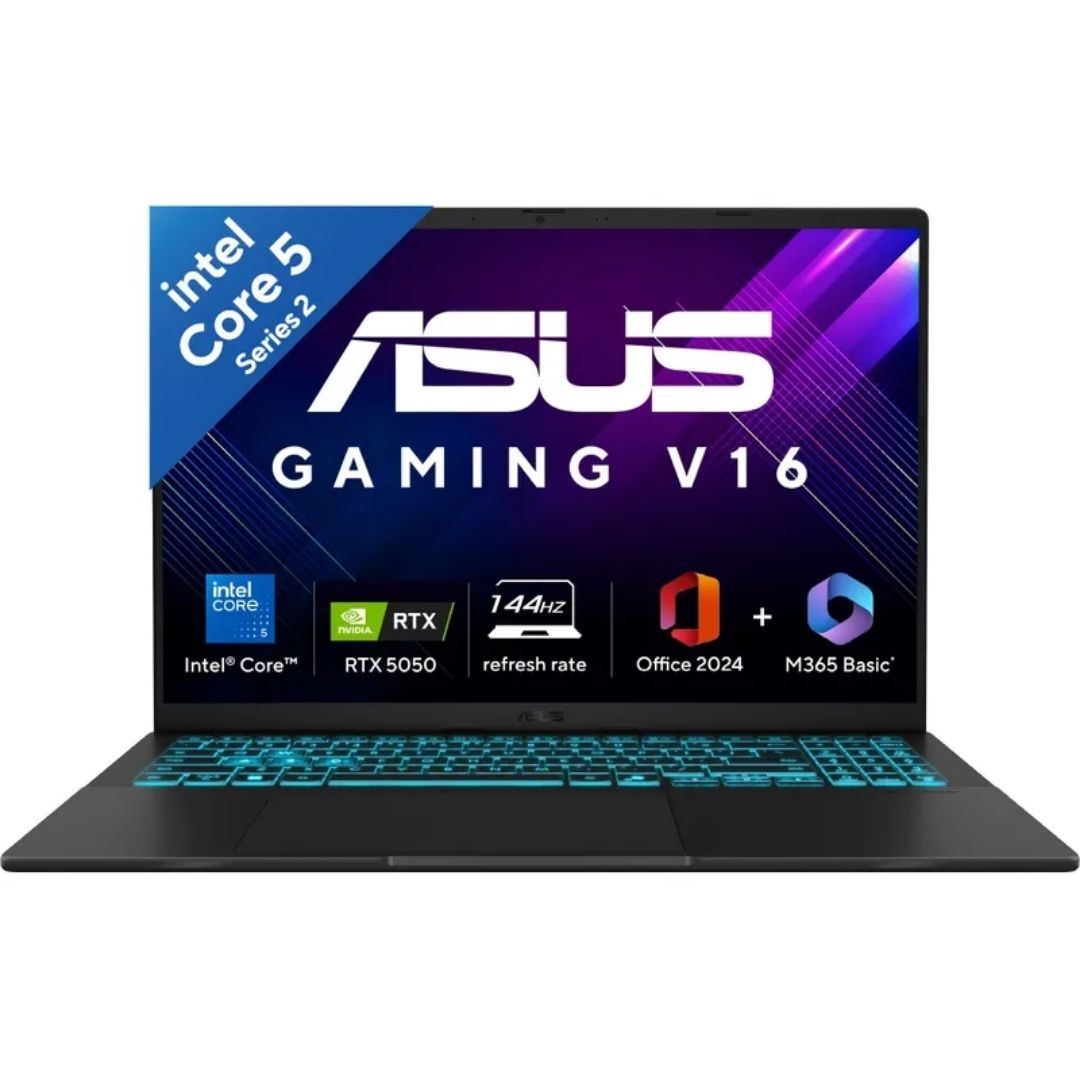 ASUS Gaming V16, Gaming Laptop, Intel Core 5 210H (16GB/512GB/8 GB RTX 5050 /16"/WUXGA/Windows 11/M365 Basic 1 Year + Office Home 2024/Black) V3607VH-RP037WS