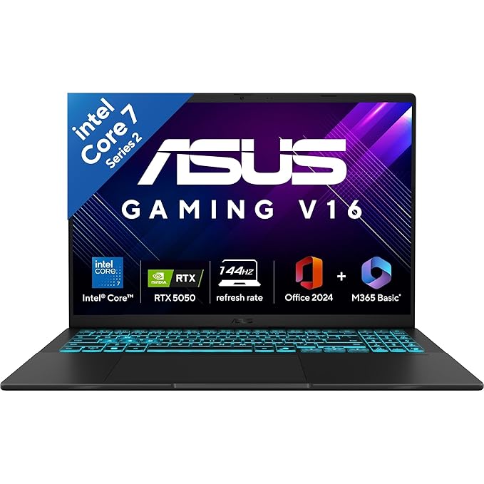 ASUS Gaming V16, Gaming Laptop, Intel Core 7 240H (16GB/512GB/RTX 5050/16"/WUXGA/Windows 11/M365 Basic 1 Year + Office Home 2024/Black) V3607VH-RP038WS