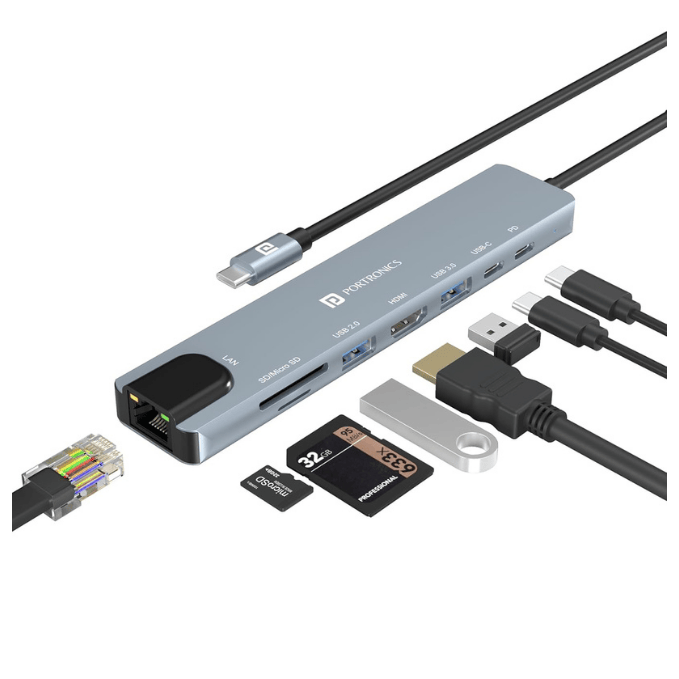 Portronics Mport 8 USB-C USB Hub/Docking Station(8-in-1) with 4K 30Hz HDMI, 100 Mbps Ethernet, USB 3.0, microSD/SD Card Reader, Type-C Data, PD Charging, USB 2.0, Type-C Plug for Laptop, Mac, PC
