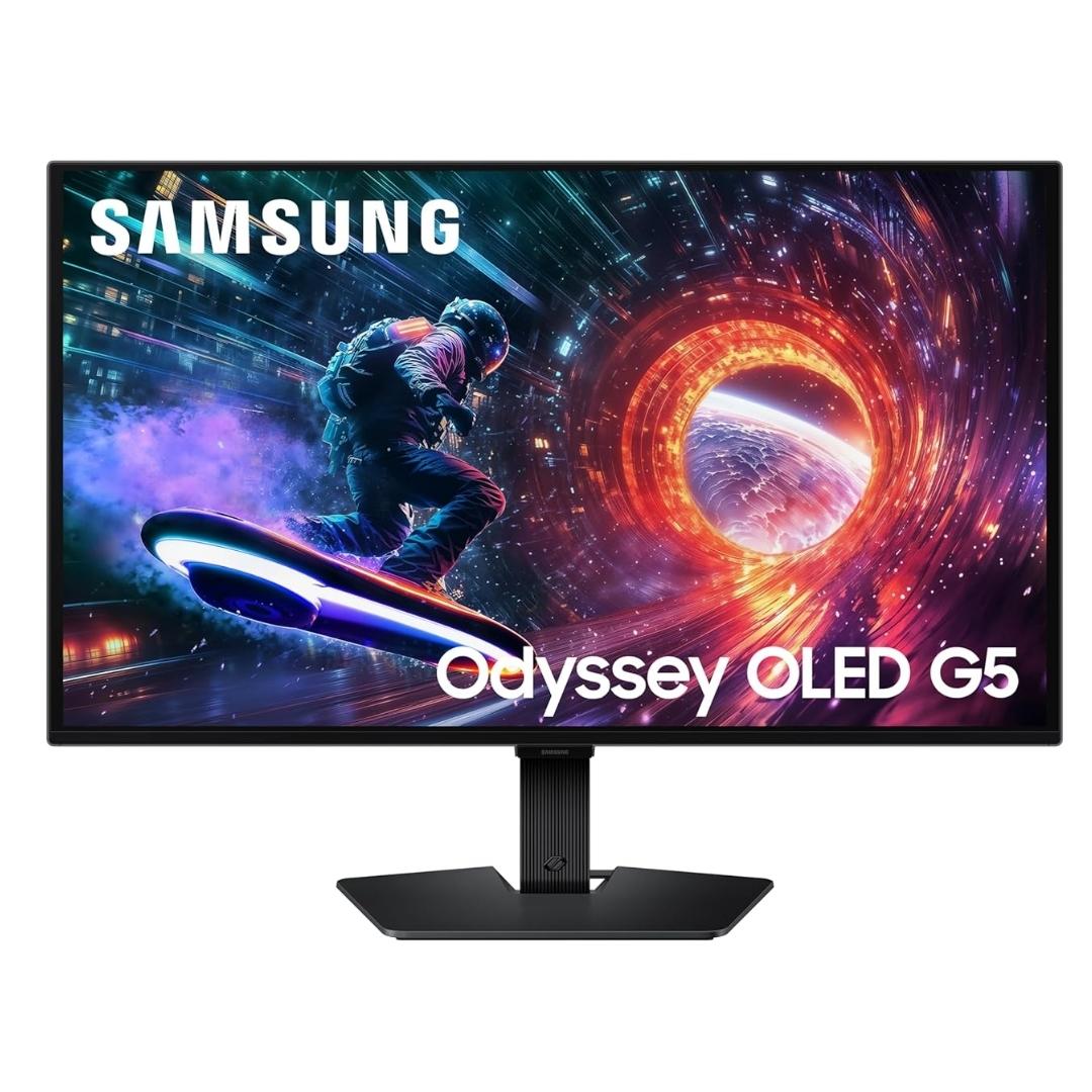 Samsung 27" Odyssey QD-OLED G5 Gaming Monitor | QHD 2560 × 1440 | 180 Hz | 0.03 ms | Pantone Validated | G-Sync | FreeSync | Glare Free | Ports – DP, HDMI, Headphone | 1 Billion Color Support | LS27FG502SWXXL | Black