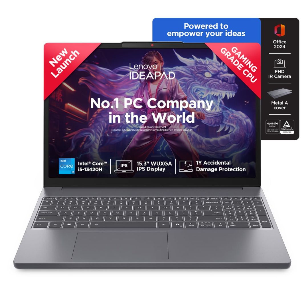 Lenovo IdeaPad Slim 3, 13th Gen Intel Core i5-13420H, 8GB DDR5 RAM, 512GB SSD, 15.3 Inch WUXGA IPS Display, Windows 11 Home, Office Home 2024, Backlit Keyboard, 1Yr ADP, 83K100CAIN